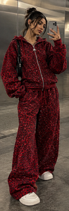 Chándal Personalizado 100% Algodón con Estampado de Leopardo y Pedrería, con Capucha y Cremallera, Manga Larga, Corte Holgado, Estilo Casual para Otoño, Patrón Rojo y Negro - Product Image 4
