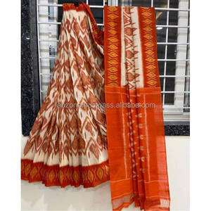 Lino Impresión digital Saree Amarillo y Rojo Ropa de fiesta - Product Image 4