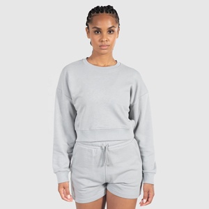 Sudadera Corta Cómoda para Mujer, Cuello Redondo, Oversize, Manga Larga, Forro Polar, Hombros Caídos, Estilo Verano, para Gimnasio - Product Image 1