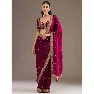 Vestido de Novia, Saree de Seda Bordado con Zari Color Granate, Elegante para Fiestas, con Blusa - Product Image 3