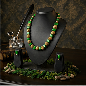Ensemble collier et boucles d'oreilles en perles plaquées turquoise, style antique poli doré, bijoux pour femmes, cadeau de fête - Product Image 2