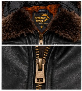 ChampKing Men's <b>Black</b> Leather <b>Jacket</b> Brown <b>Faux</b> <b>Fur</b> Hood Zipper Closure - Product Image 2
