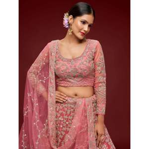 Plus Size Pink Embroidered <b>Net</b> Lehenga Choli for Reception Wear - Product Image 3
