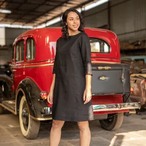 Vestido Mini de Lino y Algodón Estilo Bohemio para Mujer, Cuello Redondo, Manga 3/4, Holgado, Cómodo, Vestido Maxi de Verano - Product Image 3