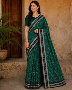 Sari en soie pure tissé à la main élégant, vert foncé, motif Ikat, bordure noire, sari traditionnel indien pour les fêtes et les occasions spéciales - Product Image 1