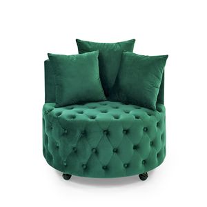 Poltrona Girevole in Velluto per Soggiorno Verde con Design Trapuntato a Bottoni e Ruote Mobili Include 3 Cuscini - Product Image 5