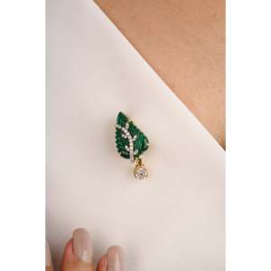 18K Solid Yellow Gold 9.99 Carat Carved Leaf <b>Emerald</b> Fine <b>Pendant</b> Brooch - Product Image 5