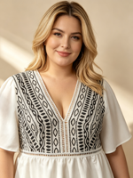 Chemisier Tunique Grande Taille Noir à Motif Géométrique Col en V pour Femme, Haut Blanc à Manches Courtes, Vente en Gros Personnalisée pour l'Été
