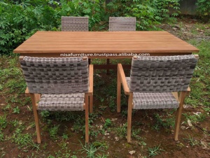 Modern X Leg Wooden <b>Table</b> 4 Rattan Chairs Set Water Resistant Cushions Outdoor Furniture for <b>Garden</b> Hotel Villa Exterior Use - Product Image 3