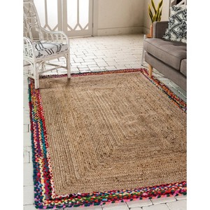 Tapis d'extérieur rectangulaire en jute tressé style bohème, couleur naturelle avec bordure multicolore, à poils plats, pour salon - Product Image 4