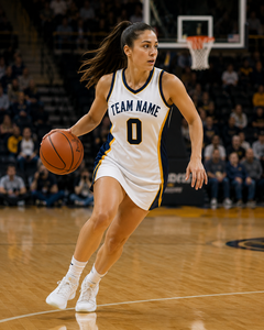 Robe de basket-ball pour femmes, jaune et violette, uniforme d'équipe sportive avec nom, numéro et logo personnalisés - Product Image 6