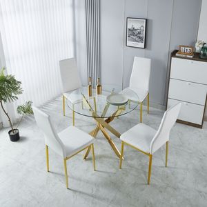 Set da Pranzo Mid-Century 1+4,5 Pezzi con Tavolo con Gambe in Metallo per 4-6 Persone, Piano in Vetro, Tavolo da Pranzo con Base a Piedistallo per Sala da Pranzo - Product Image 4