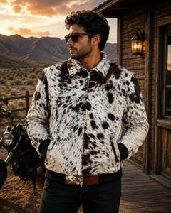 Chaqueta de Cuero Genuino para Hombre, Estilo Motero, con Cuello Camisero, Cierre de Cremallera, Estampado Animal, para Otoño - Product Image 3