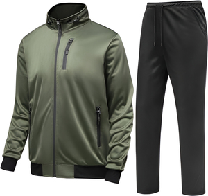 OEM Custom <b>Men's</b> Zipper <b>Tracksuit</b> <b>Green</b> Full Zip Jacket Elastic Drawstring Black Joggers Set Casual Wear Wholesale Supplier - Product Image 4