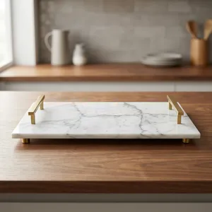 Plateau en quartz blanc avec poignées en métal doré, plateau de service décoratif en marbre pour table basse, salle à manger, maison, hôtel, restaurant - Product Image 1