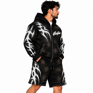 Conjunto de Sudadera y Pantalones Cortos para Hombre con Diseño Gráfico Personalizado, Hombros Caídos, Pedrería, Algodón, Felpa, Estilo Deportivo - Product Image 5