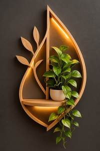 Modern <b>Wooden</b> Leaf <b>Wall</b>-Mounted Built-in Light <b>Plant</b> Holder for Living Room - Product Image 1