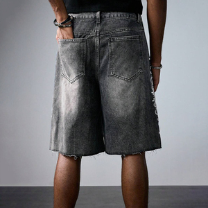Men Stonewashed Denim Bermuda <b>Shorts</b> Mid Waist <b>Sequined</b> Street Style Woven Cotton Button Fly - Product Image 3