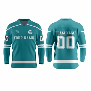 เสื้อฮอกกี้น้ำแข็งสั่งทำพิเศษ สีเขียวอมฟ้า คอวี แขนยาว ระบายเหงื่อได้ดี พิมพ์ลายแบบซับลิเมชั่น ชุดทีม สำหรับผู้ใหญ่ ใส่ได้ทั้งชายและหญิง จากโรงงานโดยตรง - Product Image 1