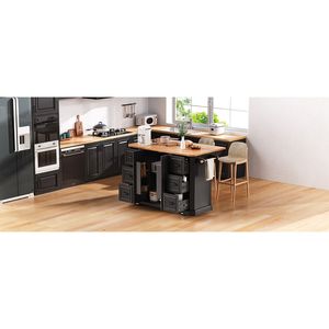 Isola da Cucina K K da 56 Pollici con 4 Ripiani, Presa di Corrente, Strisce Verticali in Rilievo, Piano Ribaltabile in Impiallacciatura di Legno di Gomma - Product Image 6