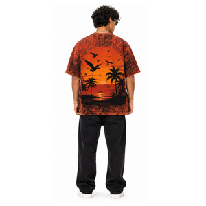 Camiseta Oversize Personalizada para Hombre con Lavado Ácido, Estilo Vintage, Tinte Naranja Quemado y Negro Mármol, Efecto Desgastado, con Gráfico de Pájaro en Atardecer Tropical - Product Image 6