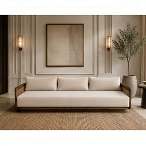 Sofá de 3 Plazas de Madera de Teca Sólida, Curvo, Minimalista y Duradero, con Panel Lateral de Ratán y Cojín, para Apartamento, Hotel o Villa - Product Image 2