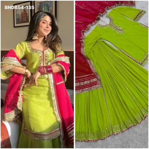 Conjunto de Kurti y Dupatta con corte acampanado en Faux Georgette con bordado de hilo y lentejuelas, para uso ocasional, a precio de mayorista. - Product Image 2