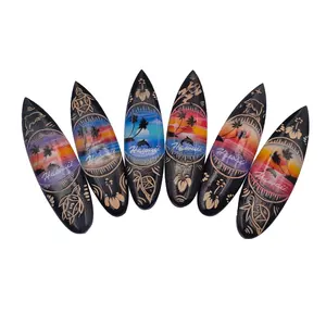 12 cm Decorative Surfboard with Wooden Stand Airbrush Surfer Bali Dolphin Temple Palms