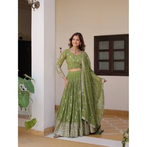 TENDENCIA GEORGETTE BORDADO SECUENCIA TRABAJO LEHENGA CHOLI CON DUPATTA LORO VERDE - Product Image 1