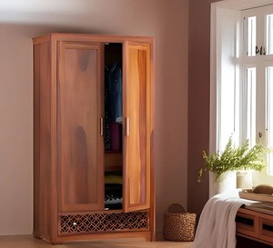 Solid Wood 2-Door Wardrobe with Lattice Carving | Traditional Wooden Closet with Internal Drawers | Jodhpur Export - Product Image 1