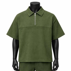Men's Plus Size Olive Green Fleece Polo <b>Shirt</b> Short Sleeve Zipper <b>Collar</b> Casual Knitted Solid Color - Product Image 1