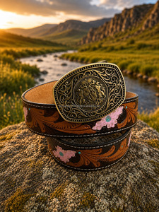 Ceinture Western en cuir véritable artisanale avec boucle en argent gravée |   Ceinture en cuir de vachette vintage pour hommes et femmes - Product Image 4