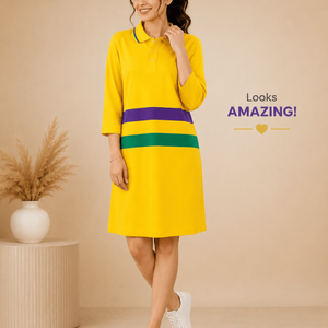 Robe polo décontractée en coton éponge pour femmes avec manches trois quarts, robe jaune inspirée du Mardi Gras avec des touches violets et verts audacieux - Product Image 5
