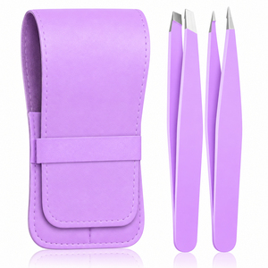Ensemble de 4 pinces à épiler en acier inoxydable à pointe inclinée pour l'épilation du visage, outils de toilettage avec étui de voyage violet - Product Image 1
