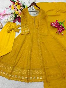 Robe Anarkali en rayonne brodée jaune avec dupatta, longueur ras du sol, tenue traditionnelle indienne et pakistanaise pour femmes, robe de mariage - Product Image 5