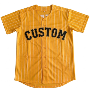 Mustard pinstripe baseball sports jersey Breathable custom teamwear short sleeve v neck full button <b>athletic</b> fit sports jersey - Product Image 1
