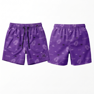 Shorts de bain pour hommes 140 GSM en microfibre de polyester premium, effet peau de pêche, violet, sublimation intégrale, logo personnalisé, séchage rapide, shorts de plage - Product Image 1