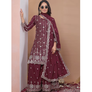 Glamorous <b>Sequin</b> Embroidery Crepe <b>Flared</b> Plazo Set With Dupatta Indian Festive Wear Three Piece Salwar Suit For Women - Product Image 1