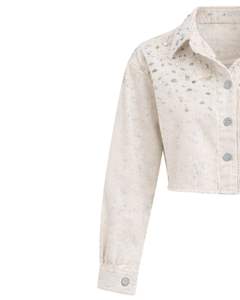 Chaqueta Vaquera Corta Beige Personalizada para Mujer con Cierre de Botones Frontales con Pedrería, Manga Larga, Estilo Urbano - Product Image 5