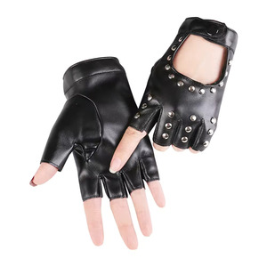 Black PU <b>Fingerless</b> <b>Gloves</b> With Silver Rivets Wrist Length Punk Style Casual Wear - Product Image 2