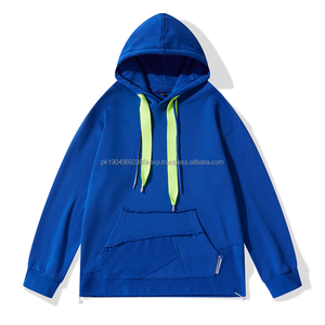 Sudadera con hombros descubiertos de gran tamaño azul marino para mujeres y adolescentes, sudaderas con capucha bordadas para invierno, teñidas lisas - Product Image 5