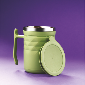 Premium stainless steel insulated coffee mug with textured geometric design <b>reusable</b> travel tea <b>cup</b> with handle lid - Product Image 1