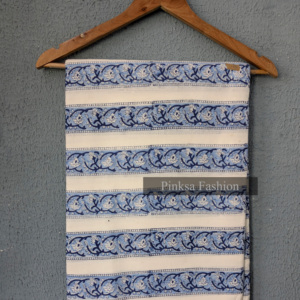 Tela de Algodón 100% Puro Estampada a Mano con Diseño Floral Azul y Rayas para Confección de Prendas al por Mayor - Product Image 3