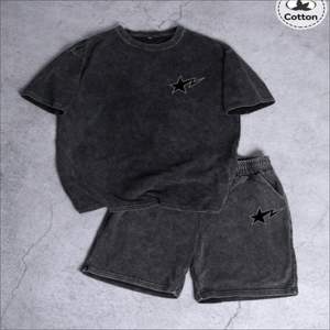 Ensemble deux pièces haut de gamme en coton épais, t-shirt et short, style streetwear délavé, coupe ample, imprimé personnalisé, vêtements pour hommes - Product Image 2