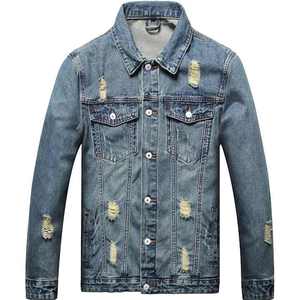Veste en jean déchirée tendance pour homme 2024, coupe slim, bleu délavé, style vintage, streetwear décontracté, vente en gros de vestes en jean - Product Image 1