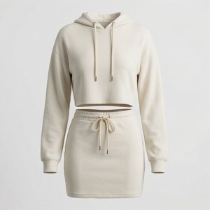 <b>Women's</b> 2 Piece Knitted Hoodie <b>Set</b> Cream Solid Color Casual Above Knee Skirt and Cropped Top Full Sleeve Regular Fit All Seasons - Product Image 1