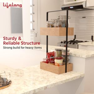 Wooden Double Tier <b>Storage</b> Rack With Metal Frame Minimalist Bathroom Organizer For <b>Toiletries</b> And Sundries Standing Type - Product Image 5