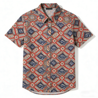 Kemeja Kancing Lengan Pendek Kasual Unisex Motif Geometris Vintage Nyaman untuk Kantor dan Pakaian Musim Panas