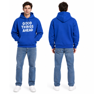 เสื้อฮู้ดดี้สีน้ำเงินสำหรับผู้ชาย Good Things Ahead ผ้าฝ้ายฟลีซ ทรงปกติ สวมใส่สบาย พิมพ์ลายด้านหน้า ดีไซน์กระเป๋า - Product Image 3