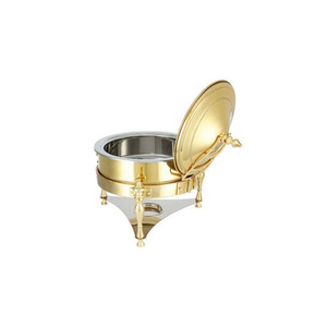 Plat à chafing dish élégant finition or sur un support orné à trois pieds avec couvercle en dôme assorti, parfait pour les buffets et les mariages. - Product Image 4